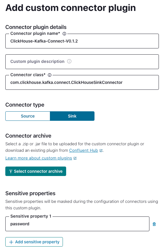 Интерфейс Confluent Platform с настройками для добавления пользов�ательского коннектора ClickHouse