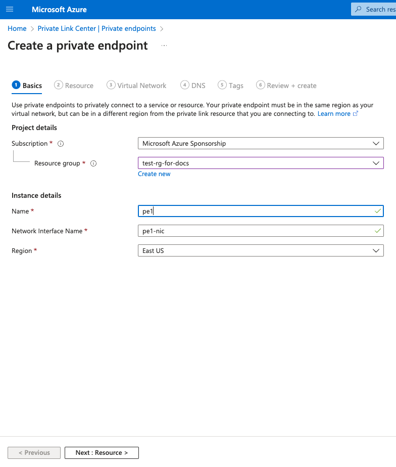 Создание Private Endpoint: базовые параметры