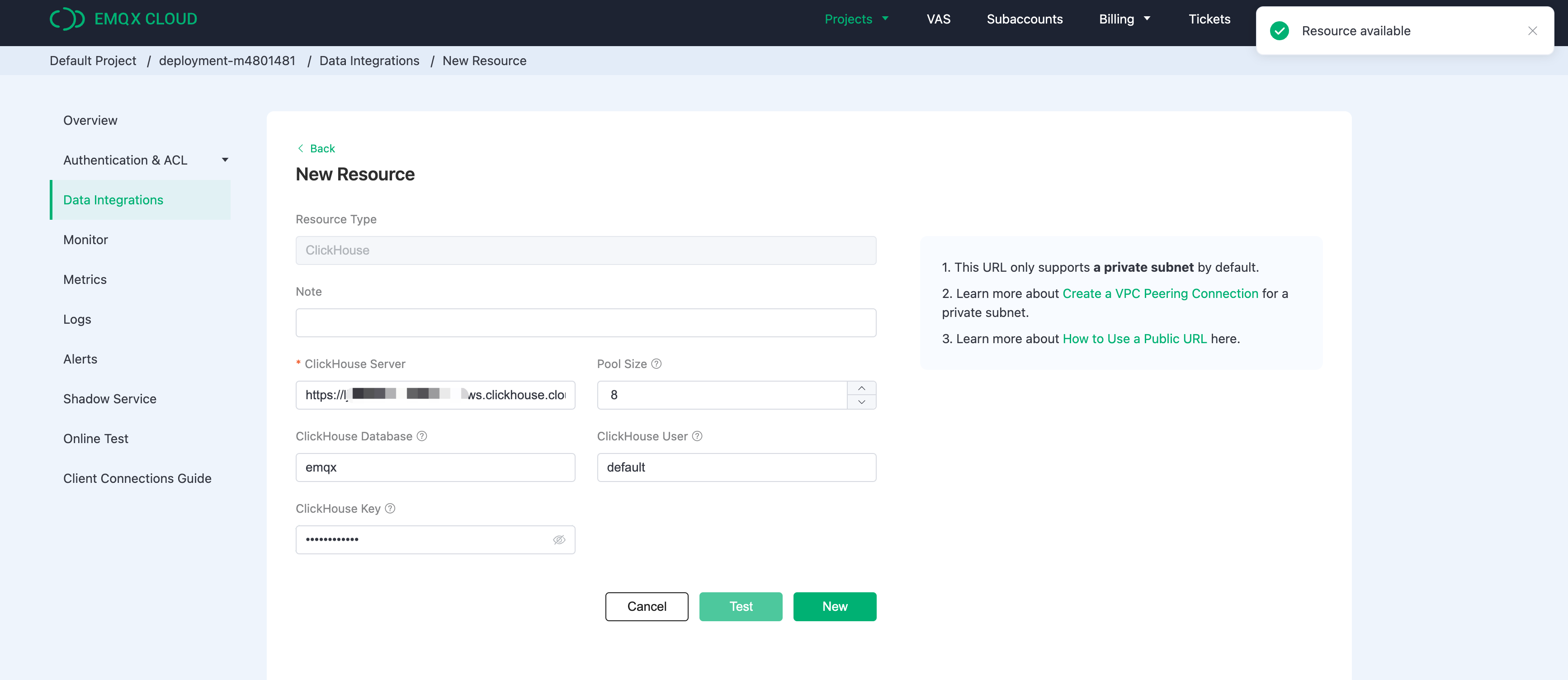 Форма настройки ресурса EMQX Cloud ClickHouse с параметрами подключения