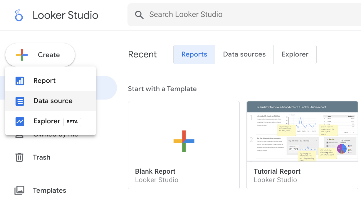 Создание нового источника данных в инт�ерфейсе Looker Studio