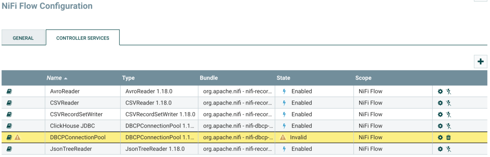 Спис�ок Controller Services с DBCPConnectionPool в состоянии Invalid и выделенной кнопкой с иконкой шестерёнки