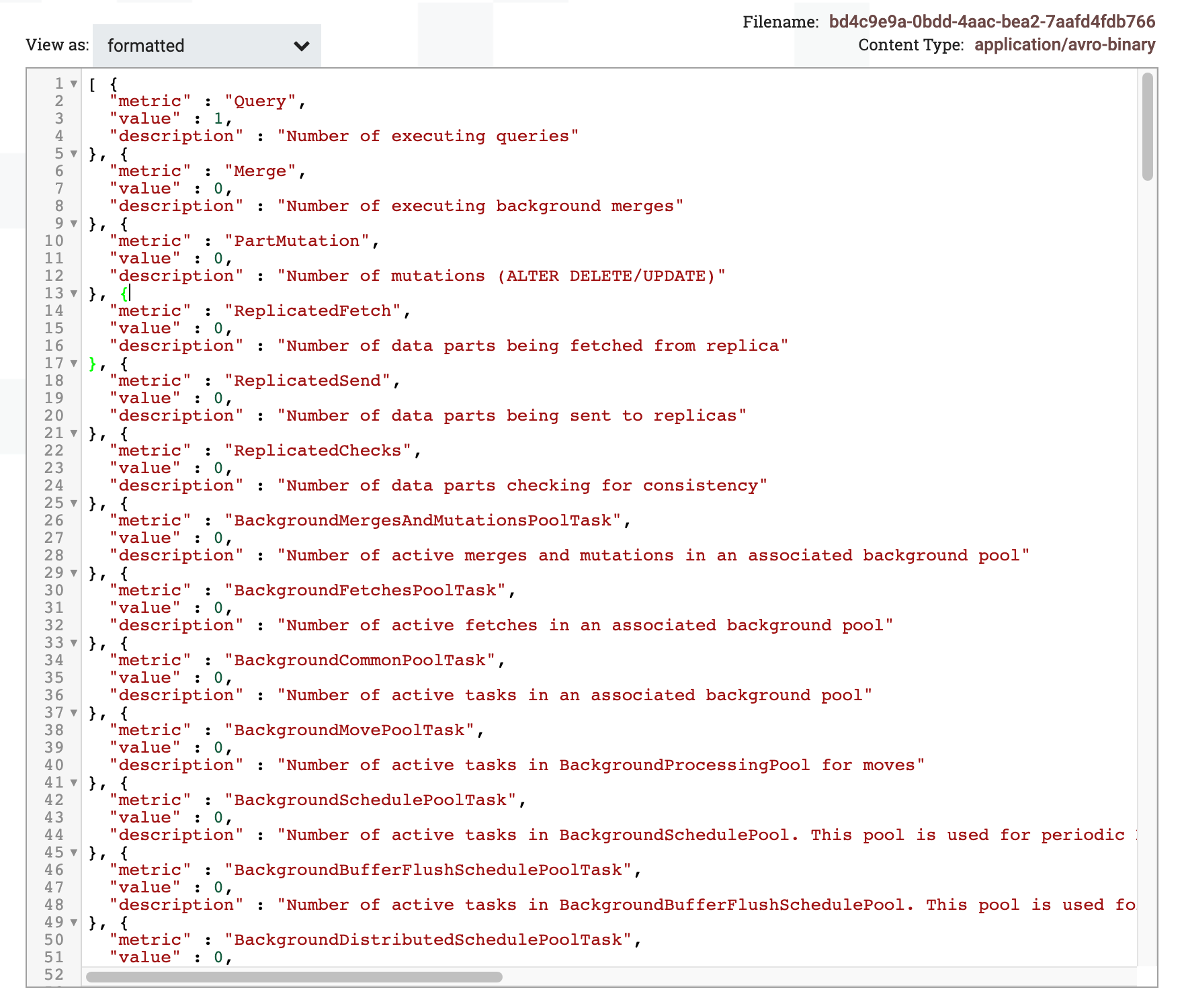 Просмотрщик содержимого FlowFile, показывающий результаты запроса в отформатированном виде