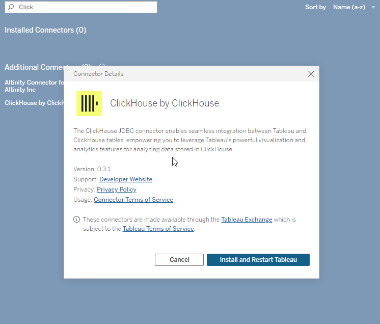 Ди�алог установки коннектора Tableau с информацией о коннекторе ClickHouse JDBC и кнопкой установки