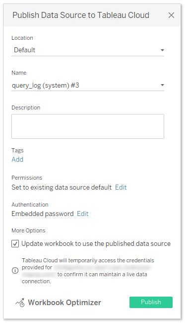 Диалог публикации Tableau Desktop с отмеченной опцией 'Update workbook to use the published data source'