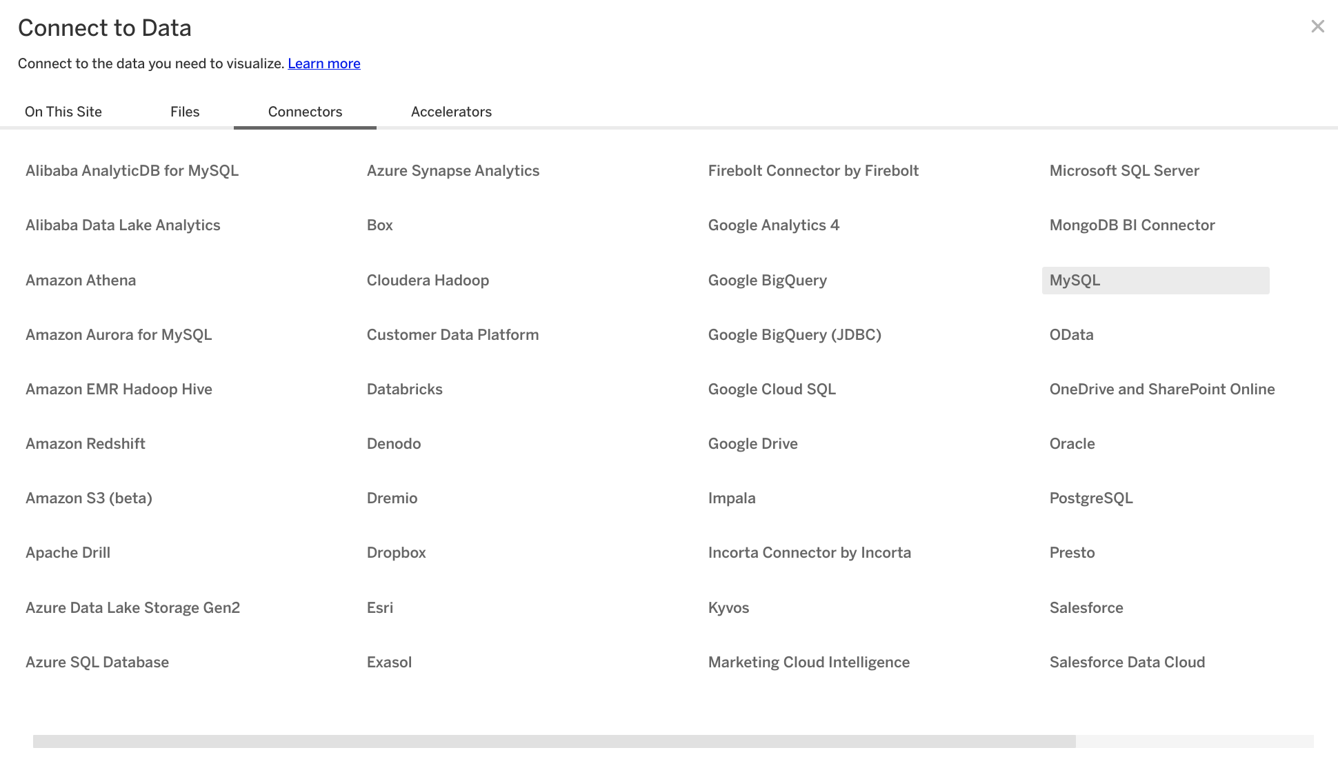Экран выбора коннектора Tableau Online с выделенной опцией MySQL